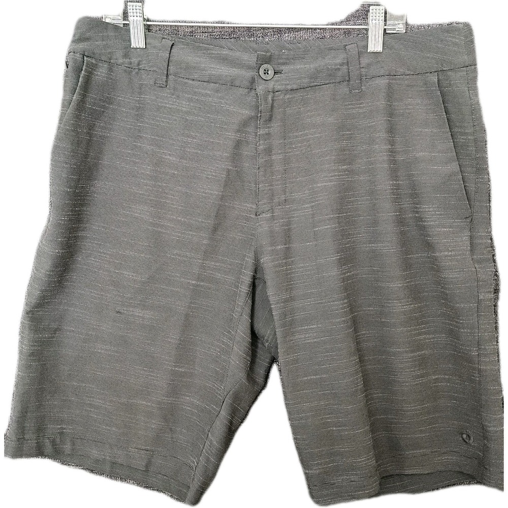 Mens size 36 X 11 Board Shorts Gray Striped Unlined Stretch Swim Trunks Hang Ten